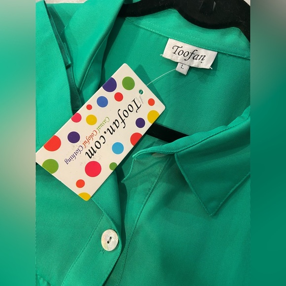 NWT Toofan Size L Jade Green Long Sleeve Pearl Button Front Tiered Shift Dress - Picture 10 of 14